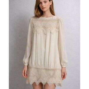Vintage Ivory Lace Tunic Dress – Boho Cottagecore Romantic Sheer Sleeve Mini Dre